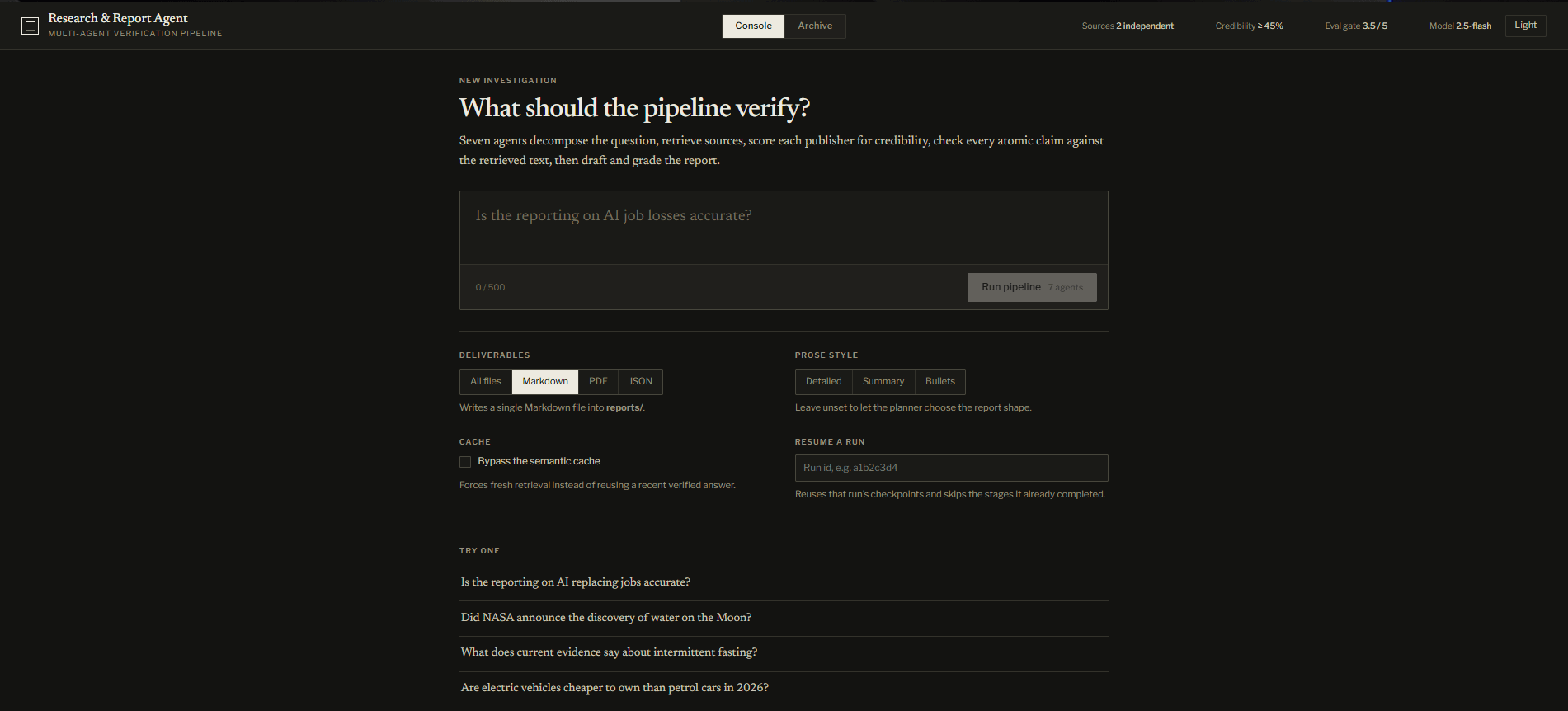 Collaborative Research & Report Agent, interface screenshot