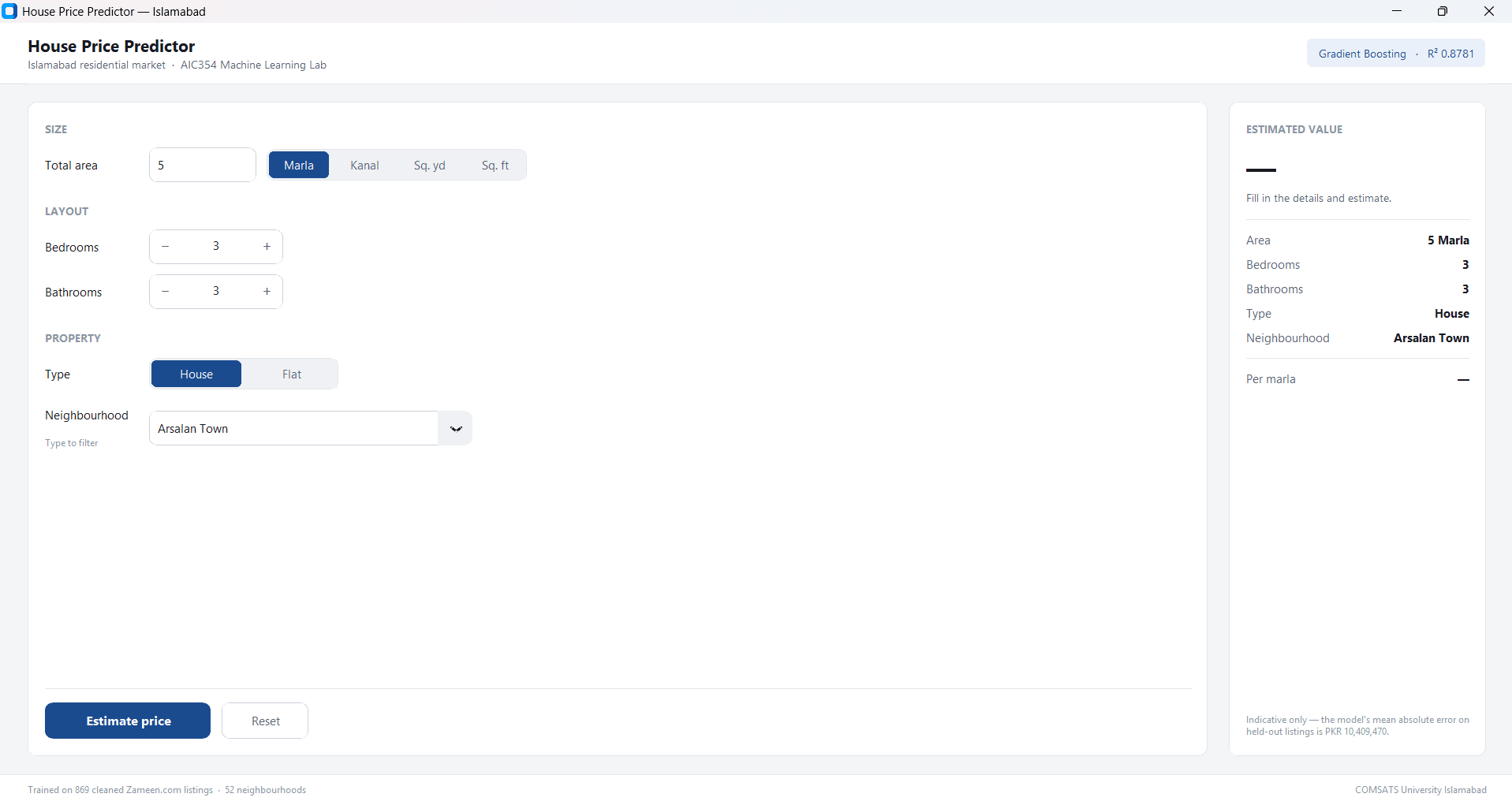 Automated Real Estate Valuation, interface screenshot